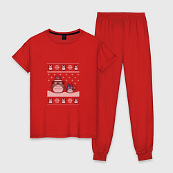 Пижама хлопковая женская Новогодние тоторики - ugly sweater, цвет: красный