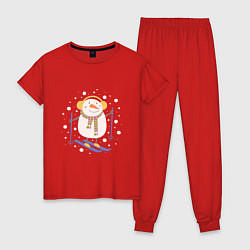 Пижама хлопковая женская Снеговик лыжник, цвет: красный