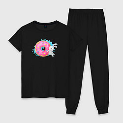 Пижама хлопковая женская Серый зайчик розовым пончиком, цвет: черный