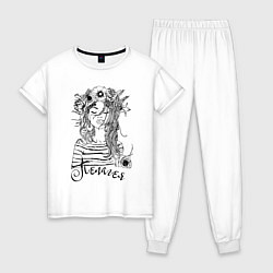 Пижама хлопковая женская Пелагея в венке из летних цветов, цвет: белый