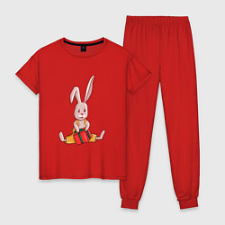 Пижама хлопковая женская Заяц с подарком в желтых шортах, цвет: красный