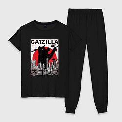 Пижама хлопковая женская Catzilla in Tokyo мем, цвет: черный