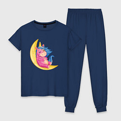 Пижама хлопковая женская Единорог на месяце, цвет: тёмно-синий