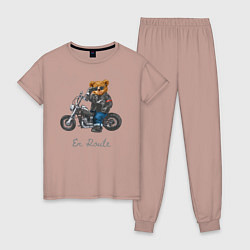 Пижама хлопковая женская Крутой мотоциклист медведь, цвет: пыльно-розовый