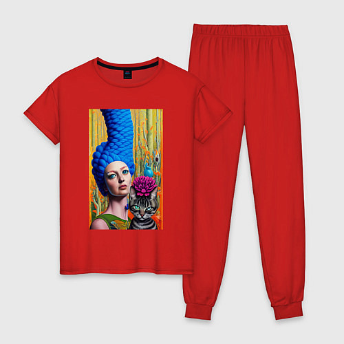 Женская пижама Мардж Симпсон с кошкой - нейросеть - art / Красный – фото 1