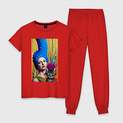 Пижама хлопковая женская Мардж Симпсон с кошкой - нейросеть - art, цвет: красный