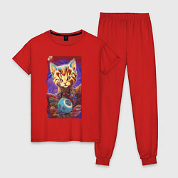 Пижама хлопковая женская Одинокий котёнок - нейросеть - cutie, цвет: красный