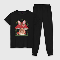 Пижама хлопковая женская Зайчик в шляпке-гриб, цвет: черный