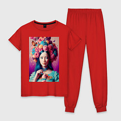 Пижама хлопковая женская Сладкая женщина и пирожные - нейросеть, цвет: красный