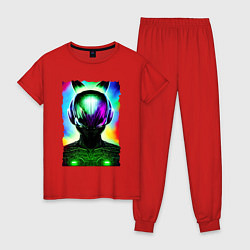 Пижама хлопковая женская Портрет пришельца - нейросеть - неоновое свечение, цвет: красный
