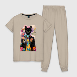 Пижама хлопковая женская Чёрный кот модник - нейросеть, цвет: миндальный