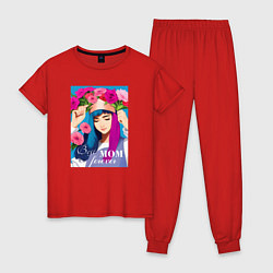 Пижама хлопковая женская Милая девушка с цветами на голове, цвет: красный