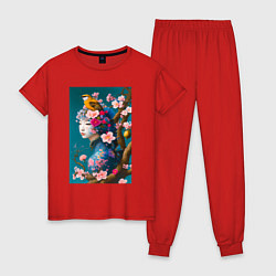Пижама хлопковая женская Девушка с птицей на фоне цветущей сакуры, цвет: красный