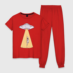 Пижама хлопковая женская Космонавт и НЛО, цвет: красный