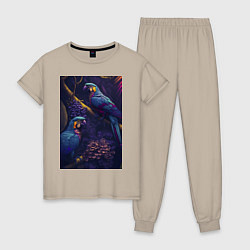 Пижама хлопковая женская Разноцветные попугаи, цвет: миндальный