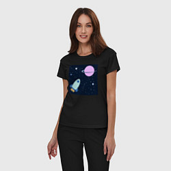 Пижама хлопковая женская Космос, ракета летит к планете, цвет: черный — фото 2