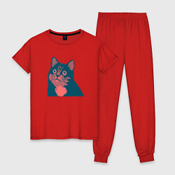 Пижама хлопковая женская Vintage pixel cat, цвет: красный