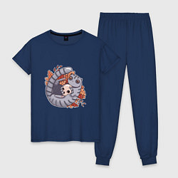 Пижама хлопковая женская Осенний котик-енотик, цвет: тёмно-синий