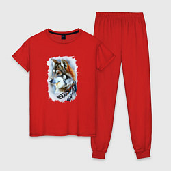 Пижама хлопковая женская Дикий волк с перьями, цвет: красный