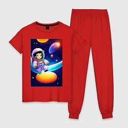 Пижама хлопковая женская Мультяшный астронавт, цвет: красный