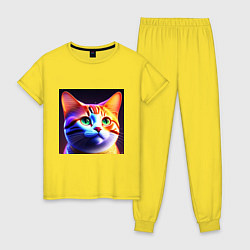 Пижама хлопковая женская Милый котик с большими глазами, цвет: желтый