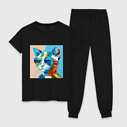 Пижама хлопковая женская Кот в темных очках Пикассо, цвет: черный