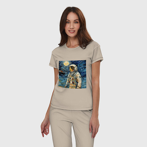 Женская пижама Космонавт на луне в стиле Ван Гог / Миндальный – фото 3