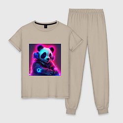 Пижама хлопковая женская Диджей панда в свете неона, цвет: миндальный