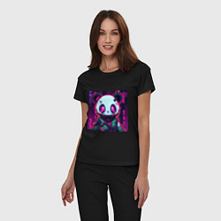 Пижама хлопковая женская Аниме панда в лучах неона, цвет: черный — фото 2