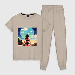 Пижама хлопковая женская Девушка на пляже, цвет: миндальный