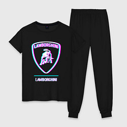 Пижама хлопковая женская Значок Lamborghini в стиле glitch, цвет: черный