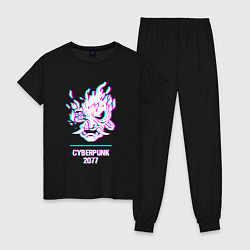 Пижама хлопковая женская Cyberpunk 2077 в стиле glitch и баги графики, цвет: черный