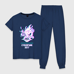 Пижама хлопковая женская Cyberpunk 2077 в стиле glitch и баги графики, цвет: тёмно-синий