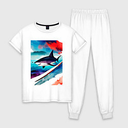 Пижама хлопковая женская Shark - watercolor - art, цвет: белый