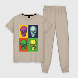 Пижама хлопковая женская Psychedelic skulls, цвет: миндальный