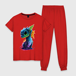Пижама хлопковая женская Неоновый дракончик, цвет: красный