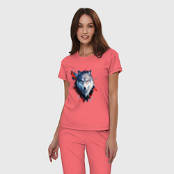 Пижама хлопковая женская Голова волка - рисунок с пятнами краски, цвет: коралловый — фото 2