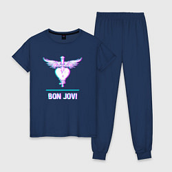 Пижама хлопковая женская Bon Jovi glitch rock, цвет: тёмно-синий