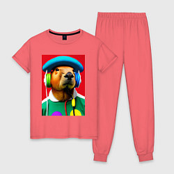 Женская пижама Капибара в наушниках и шляпе - нейросеть