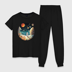 Пижама хлопковая женская Космический путешественник: арт нейросети, цвет: черный
