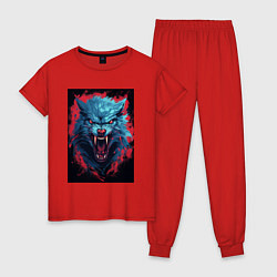 Пижама хлопковая женская Синий волк красные брызги, цвет: красный