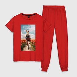Пижама хлопковая женская Заяц едет на велосипеде, цвет: красный