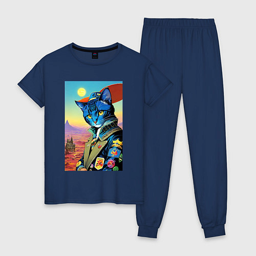 Женская пижама Модный кот - ретро - нейросеть / Тёмно-синий – фото 1