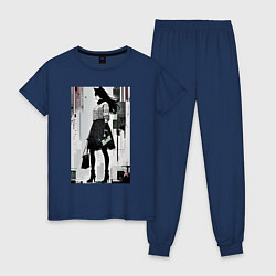 Пижама хлопковая женская Городская волчица - Нью-Йорк - нейросеть, цвет: тёмно-синий