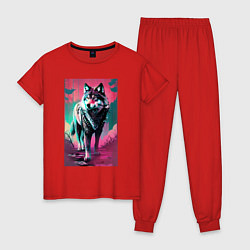 Пижама хлопковая женская Fabulous wolf - neural network, цвет: красный
