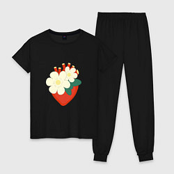 Пижама хлопковая женская Анатомическое сердце в цветах и листьях, цвет: черный