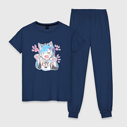 Пижама хлопковая женская Рем кошечка - аниме ре зеро, цвет: тёмно-синий