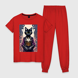 Пижама хлопковая женская Модная чёрная кошечка в перчатках, цвет: красный