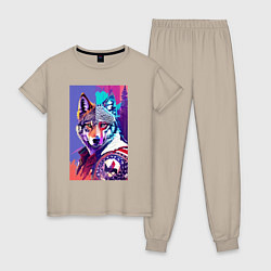 Пижама хлопковая женская Стилизованный волк - поп-арт, цвет: миндальный