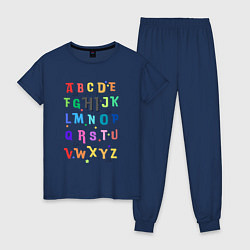 Пижама хлопковая женская Английский алфавит в радужном цвете, цвет: тёмно-синий